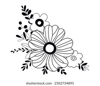 Hand drawn doodle branch with flowers and leaves isolated on white background. Simple doodle style.
