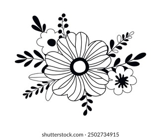 Hand drawn doodle branch with flowers and leaves isolated on white background. Simple doodle style.