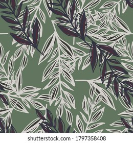 Hand drawn doodle branches silhouettes seamless pattern. Foliage outline ornament in white and navy blue colors on green background. For wallpaper, textile, wrapping, fabric print. Vector illustration