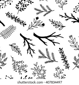 Hand drawn doodle branches. Vector seamless pattern