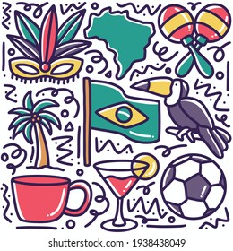 hand drawn doodle brazil holiday with icons and design elements