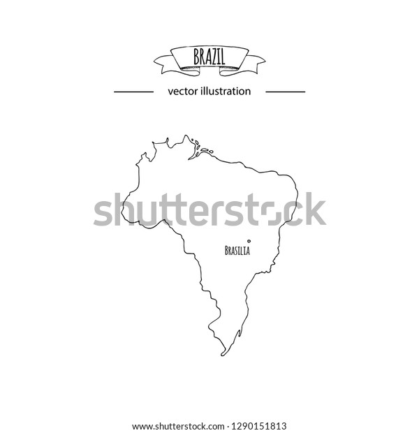 Hand drawn doodle Brazil\
map icon Vector illustration isolated on white background Brazilia\
outer borders symbol Cartoon ribbon band element icon. Brasilia\
symbol, 
