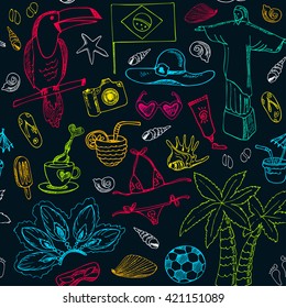 Hand drawn doodle Brazil seamless pattern. Sketchy Icons set. Travel  Collection. Isolated vector illustration.