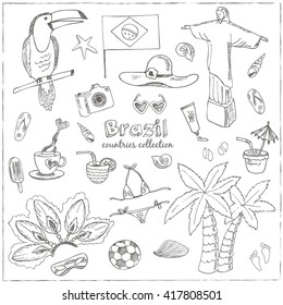 Hand drawn doodle Brazil symbols set. Sketchy Icons set. Travel  Collection. Isolated vector illustration.