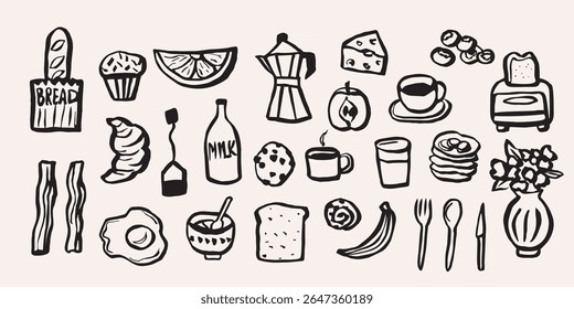 Hand drawn doodle breakfast food collection