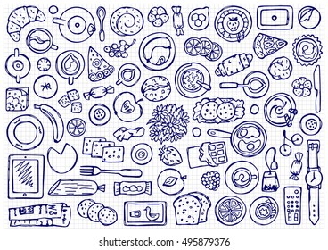 Hand drawn doodle Breakfast objects on squared paper. Flat lay composition. Top view of food, drink and kitchen equipment. Coloring page.