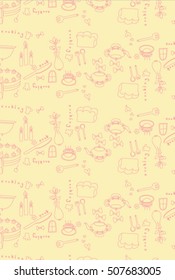 Hand drawn doodle Breakfast objects on squared paper. Flat lay composition with lettering. Top view of food, drink and kitchen equipment. Coloring page.
