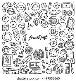 Hand drawn doodle Breakfast pattern. Flat lay squared composition. Top view of food, drink and kitchen equipment with lettering. Coloring page.