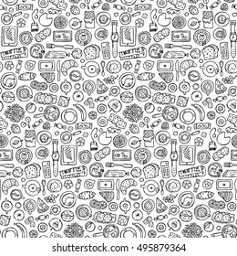 Hand drawn doodle Breakfast Seamless Pattern. Flat lay composition. Top view of food, drink and kitchen equipment. Coloring page.