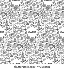 Hand drawn doodle Breakfast Seamless Pattern. Flat lay composition with lettering. Top view of food, drink and kitchen equipment. Coloring page.