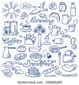 Hand drawn doodle breakfast set on squared paper. Vector illustration for backgrounds, menu,  textile prints, web and graphic design