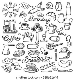 Hand drawn doodle breakfast set. Vector illustration for backgrounds, menu,  textile prints, web and graphic design