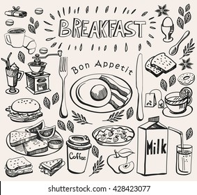 Hand drawn doodle breakfast set. Vector illustration for backgrounds