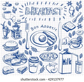 Desayuno de doodle dibujado a mano sobre papel cuadrado.