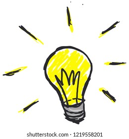 Hand drawn doodle of a bright lamp bulb. Great Idea concept. Sketck illustration. Can be used for mobile, infographic, website or app. 