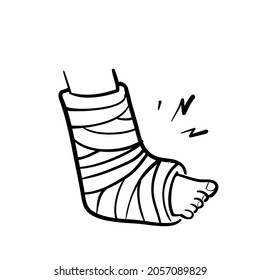 hand drawn doodle broken leg in bandage illustration vector