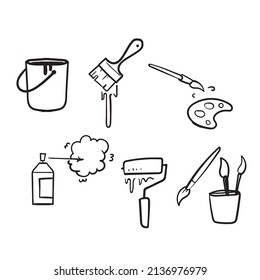 hand drawn doodle Brushes and Painting Related set illustration icon isolated