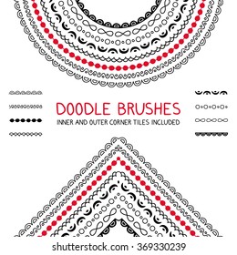 Hand drawn doodle brushes set. Seamless brushes, include inner and outer corners. Vector illustration