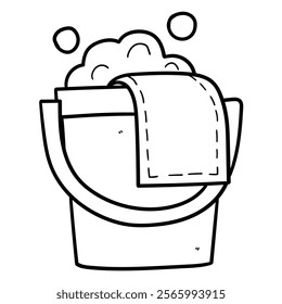 Hand drawn doodle bucket with foam and cloth for cleaning isolated on white background. Vector illustration.