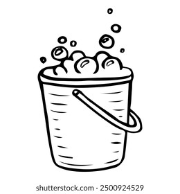 Hand drawn doodle of a bucket of soapy water. House cleaning. Washing the floor. Laundry room. Vector outline line art illustration.