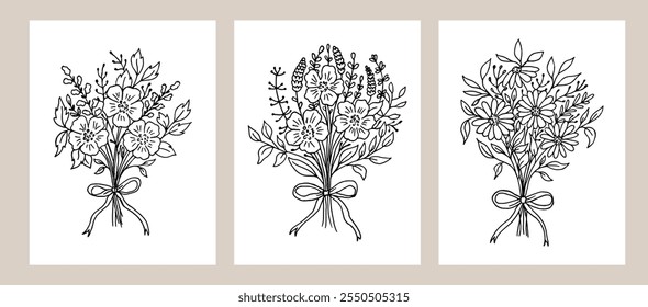 Hand drawn doodle bundle of flowers isolated on white background. Floral bouquet set cards.