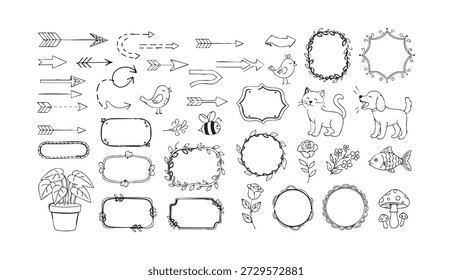 Desenhado à Mão Doodle Bundle Line Art Planner Doodles Clipart Elementos Desenhados à Mão, Elementos Vetoriais Setas, Animais, Quadros, Plantas