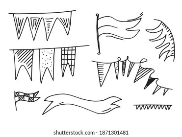 Hand drawn doodle bunting flags set. Vector sketch. 