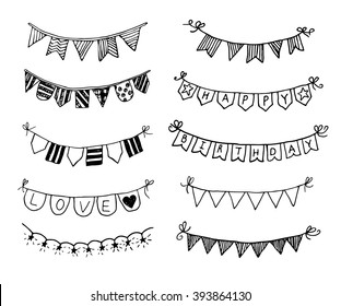 Hand Drawn Doodle Bunting Flags Set. Doodle Birthday Barty Design Elements