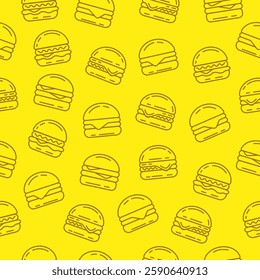 Hand drawn doodle burger background. Hamburger seamless pattern on yellow background