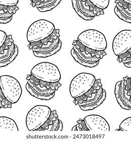 Hand Drawn Doodle Burger Seamless Pattern. Line Art Burger Repeat Pattern Background