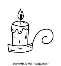 Hand drawn doodle burning candle in in a candlestick. Cartoon element, vector sketch illustration, line art for web design, icon, print, coloring page