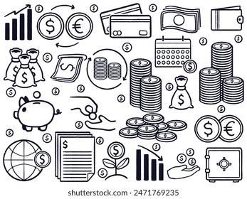 conjunto de símbolos financieros de negocios de doodle dibujado a mano Elementos estilo blanco negro. Ilustración vectorial de concepto de banca y finanzas aislado sobre fondo blanco.