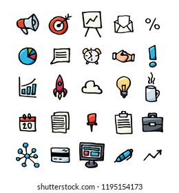 hand drawn doodle business icons set. Management business vector sketchy style symbols for finance, strategy, marketing, seo, logistic, banking, Motivation,  Productivity 