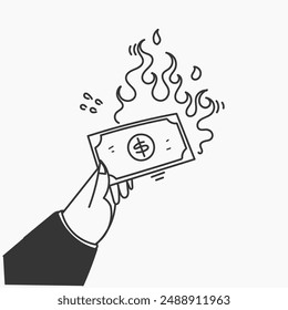 hand drawn doodle business man burning money illustration vector