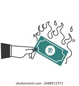 hand drawn doodle business man burning money illustration vector