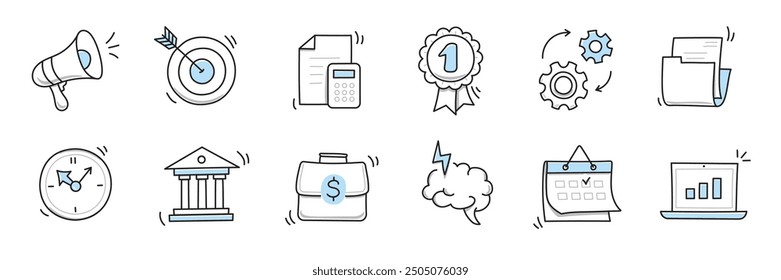 Hand drawn doodle business, money icon set. Finance, money, marketing sketch drawn cute trendy line doodle icon. Business bank, finance calculator, economic goal elements. Vector illustration