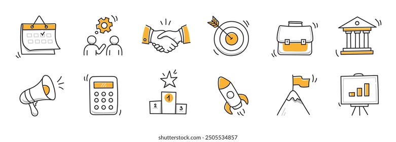 Dibujado a mano doodle negocio, icono de dinero conjunto. Finanzas, boceto de marketing de inicio dibujado lindo icono de garabato de línea de moda. Trabajo empresarial, cohete financiero, Elementos de objetivos económicos de crecimiento. Ilustración vectorial