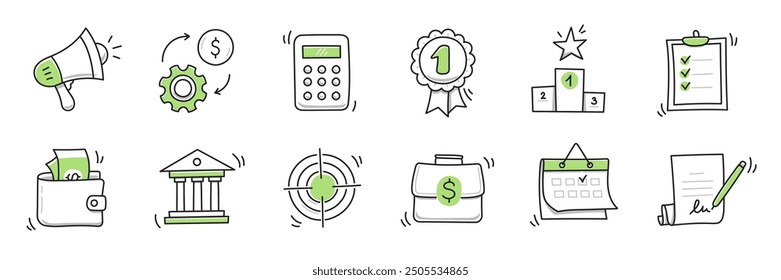 Hand drawn doodle business, money icon set. Finance, money, marketing sketch drawn cute trendy line doodle icon. Business bank, finance calculator, economic goal elements. Vector illustration