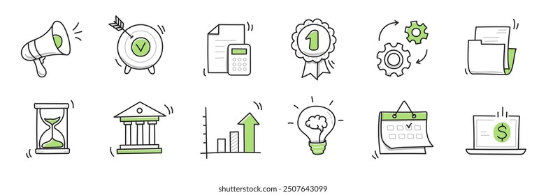 Hand drawn doodle business, money icon set. Finance, money, marketing sketch drawn cute trendy line doodle icon. Business bank, finance calculator, economic goal elements. Vector illustration