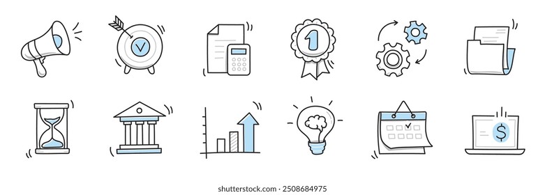 Hand drawn doodle business, money icon set. Finance, money, marketing sketch drawn cute trendy line doodle icon. Business bank, finance calculator, economic goal elements. Vector illustration