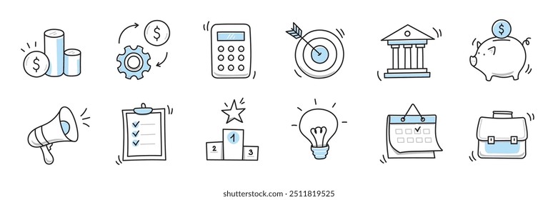 Hand drawn doodle business, money icon set. Finance, money, marketing sketch drawn cute trendy line doodle icon. Business bank, finance calculator, economic goal elements. Vector illustration