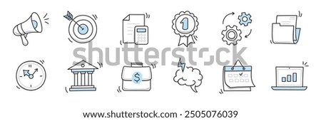 Hand drawn doodle business, money icon set. Finance, money, marketing sketch drawn cute trendy line doodle icon. Business bank, finance calculator, economic goal elements. Vector illustration