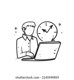 hand drawn doodle business person working on laptop with clock symbol for flexible schedule work illustration vector