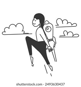 hand drawn doodle a business person flies into the sky with a rocket on the back