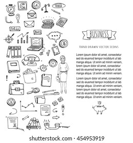Hand drawn doodle Business set. Vector illustration. Finance and communication icons. Economic charts symbols collection. Freehand elements: money, telephone, laptop, bag, arrow, clock. Business lady.