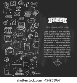 Hand drawn doodle Business set. Vector illustration. Finance and communication icons. Economic charts symbols collection. Freehand elements: money, telephone, laptop, bag, arrow, clock. Business lady.