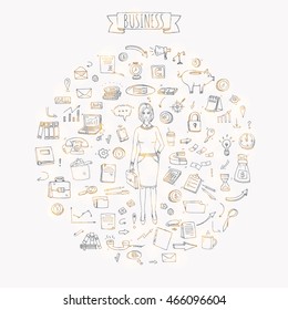 Hand drawn doodle Business set. Vector illustration. Finance and communication icons. Economic charts symbols collection. Freehand elements: money, telephone, laptop, bag, arrow, clock. Business lady.