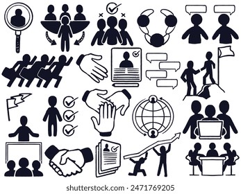 hand drawn doodle business team symbol set elements in black white style. Banking and finance concept vector illustration isolated on white background.