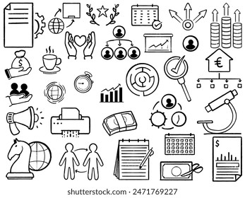 hand drawn doodle business team symbol set elements. Banking and finance concept vector illustration isolated on white background.