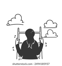 hand drawn doodle A business woman climbs the ladder to the clouds